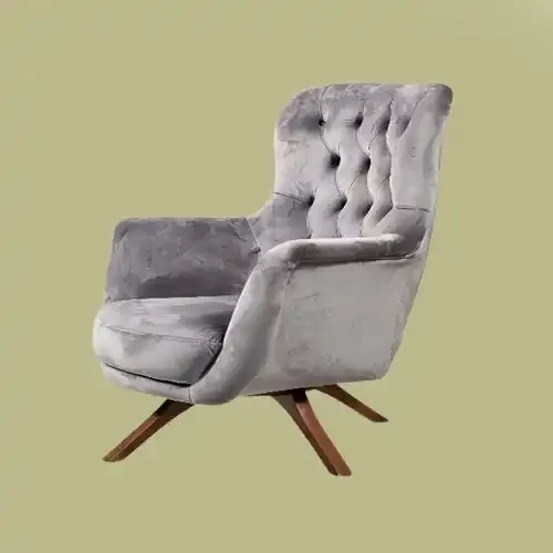 Butaca capitoneada tapizada en microfibra. Con patas de madera.